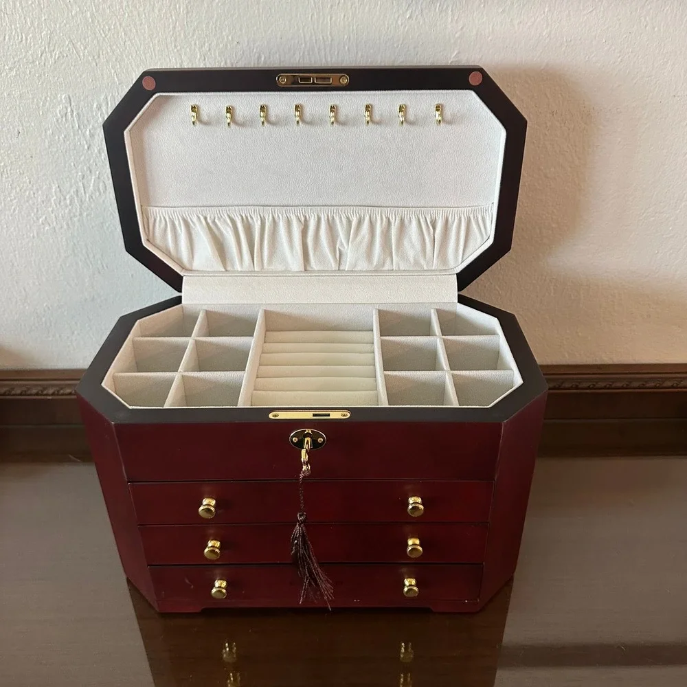 Jere Wooden Jewelry Box Chest Large 3 Drawer Locking Cherry Finish Organizer